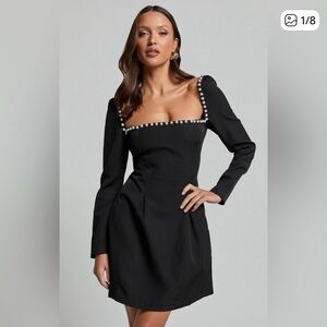 Francesca's Collections Audrey Parks Black Square-Neck Pearl-Trim Mini Dress